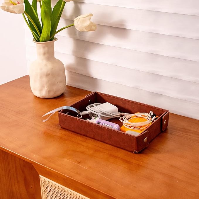 BONNY DODO Valet Tray for Men PU Leather Tray Organizer with Partition, Storage Keys, Watch & Practical Storage for Table Nightstand Living Room Bedroom (Dark Brown2)