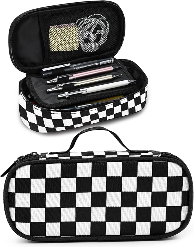 Black White Checkered Pencil Case Pencil Pouch Large Capacity Pen Bag School Office Organizer Stationery Storage Box For Girls Boys Teen Kids
