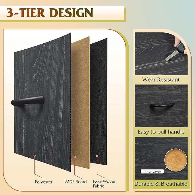 WLIVE 9-Drawer Dresser, Fabric Storage Tower for Bedroom, Entryway, Closet, Tall Chest Organizer Unit with Fabric Bins, Steel Frame, Wood Top, Easy Pull Handle, Charcoal Black Wood Grain Print