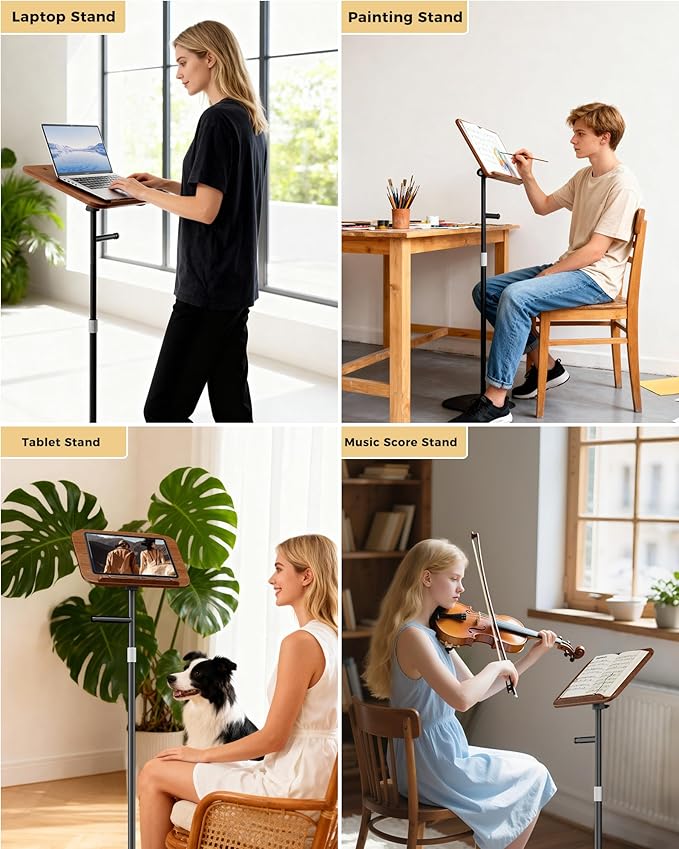 Laptop Stand Floor, Wood Music Stand, Tablet Floor Stands Adjustable Height, Tall Book Stand Hands Free, for Projector, Office, Study, Brown