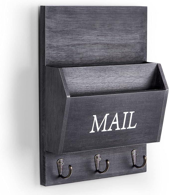 DLQuarts Mail Organizer with Key Holder for Wall, Mail Sorter Wall Mounted, Decorative Wooden Key and Mail Holder with 3 Hooks, Black