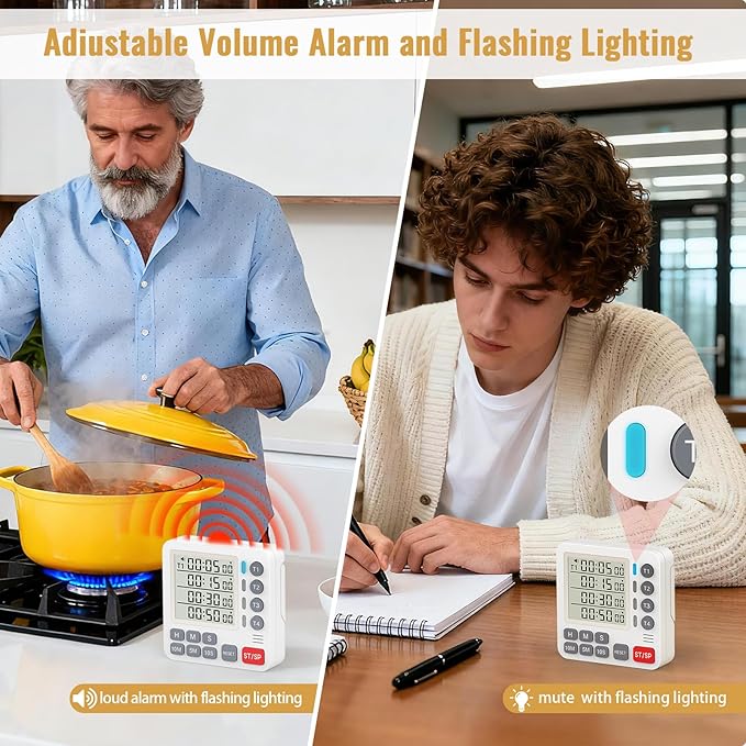 Digital Dual Kitchen Timer, 4 Channels Independent Countdown Timer, Large Display, On/Off, Loud Volume Alarm and Flashing Light with Magnetic Back, Stand, Battery Included (Black)