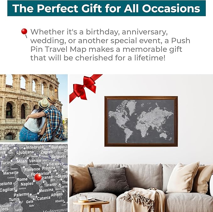 Push Pin Travel Maps - Stormy Dreams World - Brown Frame Framed Pin Map for Tracking Your Travels - 27.5" x 39.5" - 8 Handcrafted Frame Options - Made in USA - Ideal for Any Traveler
