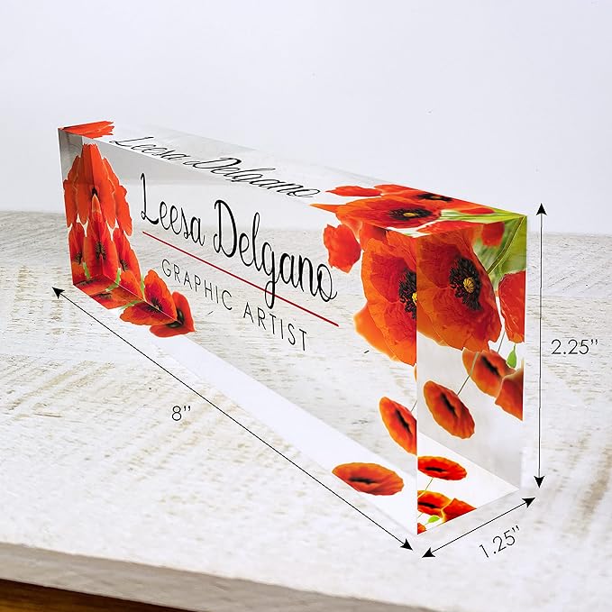 Artblox Personalized Name Plate for Desk | Poppy Flowers Design On Clear Acrylic Glass | Custom Desk Name Plate Personalized with Your Name and Credentials for Teacher Phd Military Office