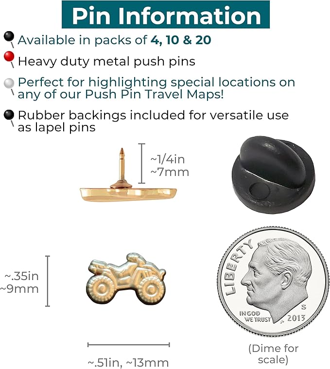 ATV Push Pins - Gold ATV Map Pins for Cork Boards, Maps, or Lapel Use - Designed in USA - Set of 4
