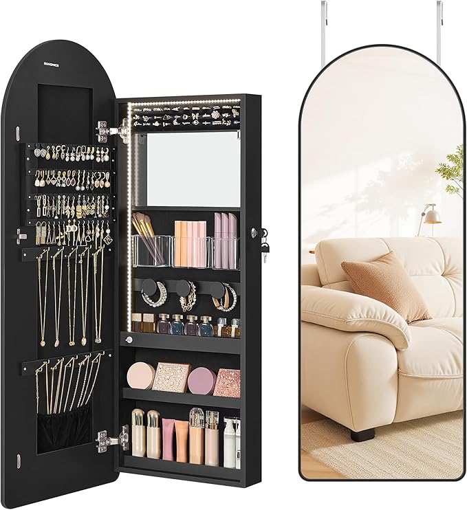 SONGMICS Wide Jewelry Organizer, LED Jewelry Cabinet Wall/Door Mounted, Arched Mirror with Storage, Lockable, Rounded Corner, Interior Mirror, 3.9 x 16.5 x 42.5 Inches, Ink Black UJJC020B01