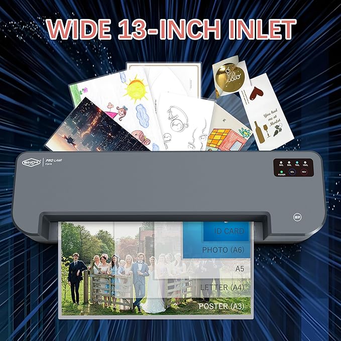 SINCHI 13-Inch Thermal Laminator & Foil Applicator, 3–10 Mil, 4-Roller Commercial Laminating Machine, 30s Warm-Up, Max. 40"/Min, Auto & Electrical Reverse Anti-Jam, Includes Laminating Sheets