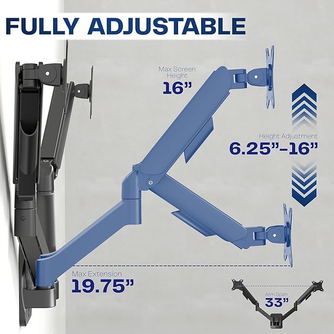 VIVO Height Adjustable Pneumatic Extended Arm Dual Monitor Wall Mount Full Motion Articulating, Fits 2 Screens 17 to 27 inches, Black, MOUNT-V002G