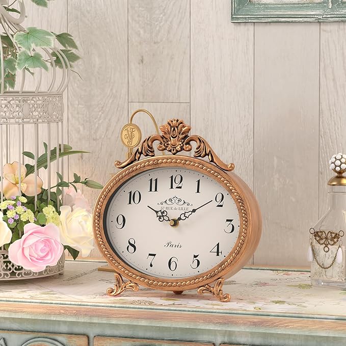 Abdurey Vintage Table Clock on Stand,Desk and Shelf Decorative Clock,French Rustic Style Mantel Clocks,Metal Frame Antique Gold Finish,Farmhouse,Bedroom, Bedside,Living Room,Gift Clocks