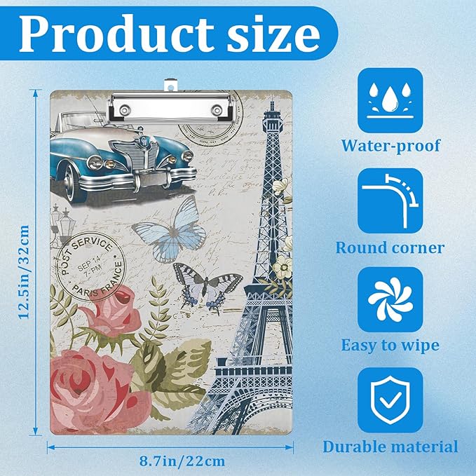 Vintage Paris Eiffel Tower Clipboard Decorative Clip Board with Metal Clip A4 Standard Size 12.5" X 8.7" for Teacher Students Nurses Office