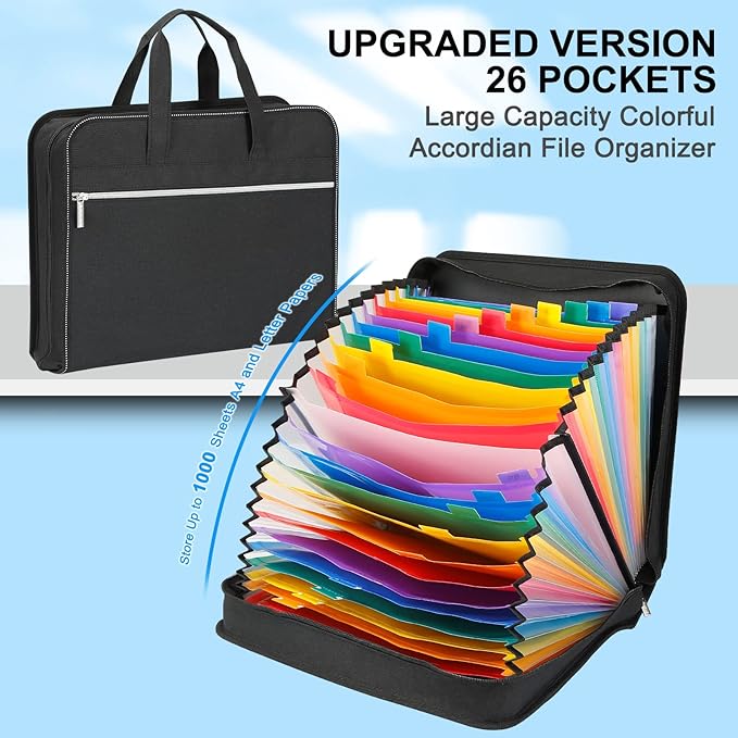 SEEKIND Heavy Duty Accordian File Organizer with Handle,26 Pockets Expanding File Folder, Portable Cloth Document Organizer Accordion File Keeper for Letter Size / A4 File, for Office, School-Black