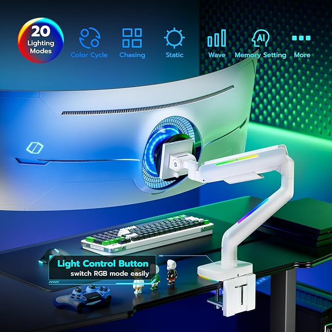 Ultrawide Monitor arm for 17-49'' Heavy Duty Screen up to 44lbs, Gas Spring Single Monitor Arm with RGB Light, Adjustable Gaming Computer Monitor Arm for Desk, White
