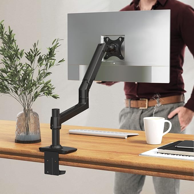 Single Monitor Arm Desk Mount, Holds Screens up to 40 Inches and 25 lbs, Fully Adjustable Vesa Monitor Mount with C-Clamp and Grommet Base, Aluminum, Black