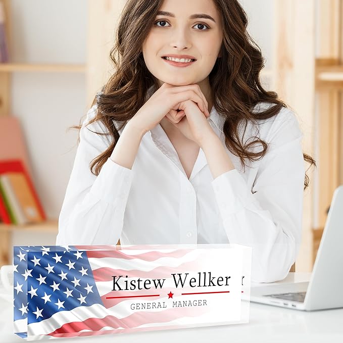 Custom Desk Name Plate Personalized, Acrylic Name Plates for Desk, Office Decor Personalized Gifts for Teacher Coworkers Boss Nurse American Flag 2