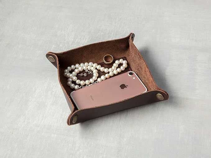 American Made Premium Leather Valet Tray, Folds Flat! Dice Rolling Basket and Organizer with Brass Rivets (Dark Walnut Brown, Medium)