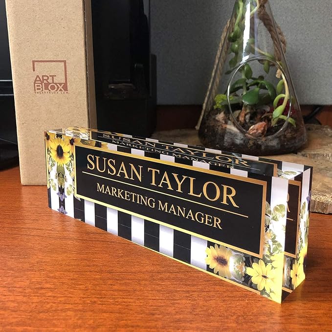 Artblox Office Desk Name Plate Personalized | Custom Name Plates on Acrylic Glass Decor | Office Desk Decor - Sunflowers Design - (8"x2.5")