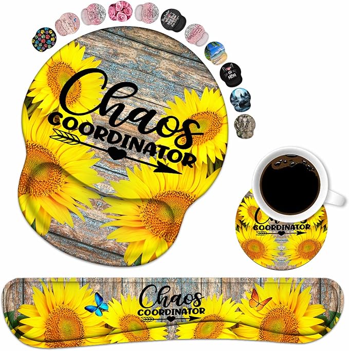 Keyboard Wrist Rest and Mouse Pad Wrist Support Set with Coasters, Chaos Coordinator Wrist Mouse Pad with Non-Slip PU Base for Computer Laptop Home Office Working Studying Easy Typing & Pain Relief