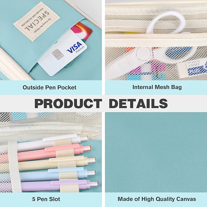 Large Capacity Pencil Case with Zipper, Aesthetic Pencil Pouch, Portable Stationery Organizer Bag for Teen and Adults, Big Pencil Bag for College, Office, Travel - Blue