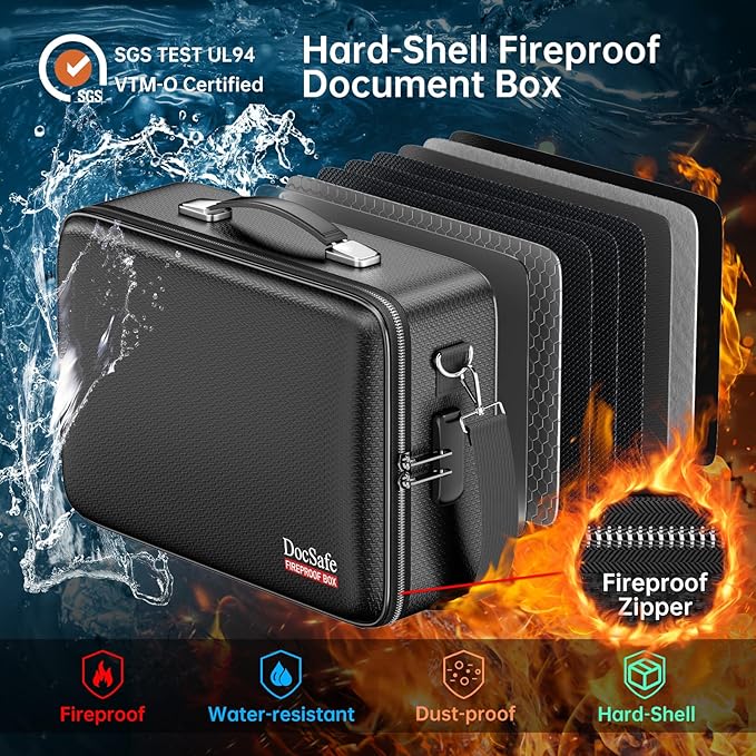 DocSafe Fireproof Document Box with Lock＆Shoulder Strap, Hard-Shell Case File Organizer with Accordion File Folder, Multi-Layer Portable Home Office Travel Safe Storage for Important Documents Laptop