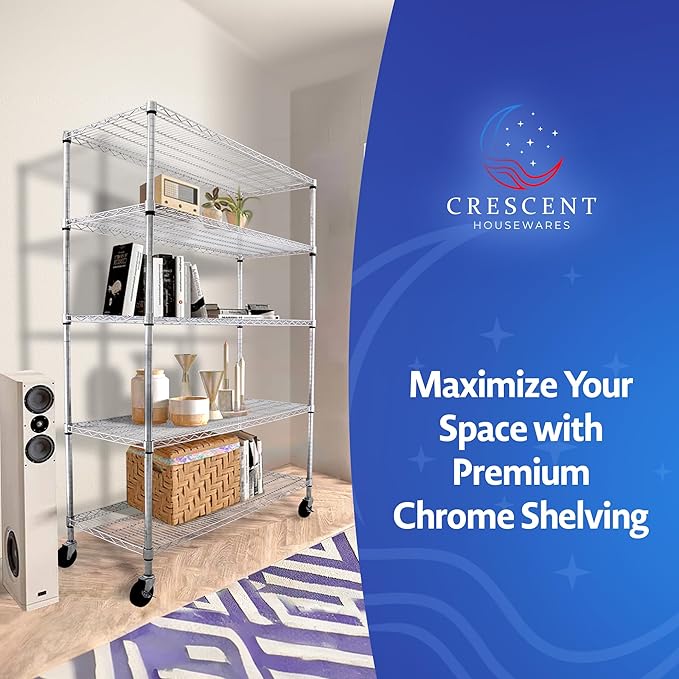 4000 LBS Heavy Duty Wire Rack 48 x 24 x 76, 5-Tier NSF Commercial Rolling Rack with Wheels, Chrome Metal Shelving Unit for Garage, Kitchen, Warehouse, Adjustable Storage Shelf, Crescent