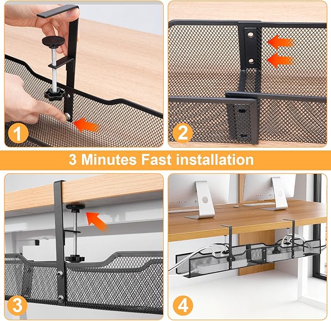 30'' Under Desk Cable Management - No Drill Installation Cable Management Tray, Modern Cord Organizer for Office/Home Desk, Fits Power Strips & Wires(Black, XXL)