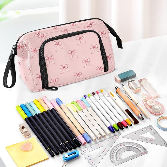 Ribbon Bow Pink Pencil Case Pouch Big Capacity Pencil Bag Box Organizer Pen Case with Compartmens Stationery Organizer for Girls School College