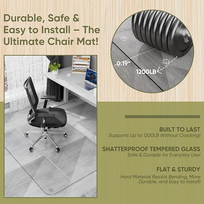 Furnbar Office Chair Mat for Carpet & Hardwood, Upgraded 29" x 48" Dual Use Tempered Glass Chair Mat for Chair and Footrest Under Desk
