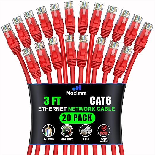 Maximm Cat 6 Ethernet Cable 3 ft (20-Pack) - High-Speed LAN Cable, Internet Cable, Patch Cable, and Network Cable - UTP, 10Gbps, 550MHz Ethernet Cord - Red