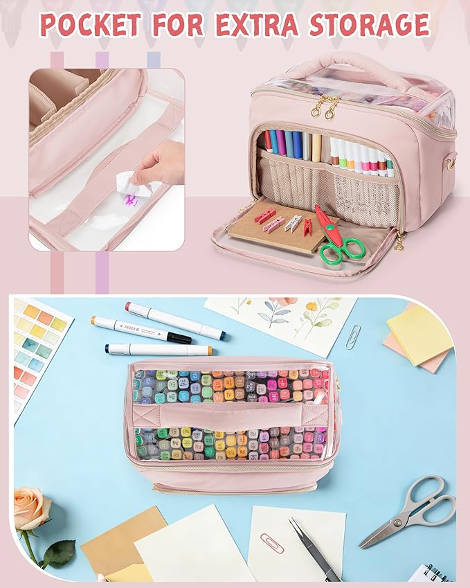 Quilted Marker Organizer Case Holds 180 Markers, Marker Storage Organizer Bag with Dividers and Detachable Crossbody Strap (Bag Only), Pink