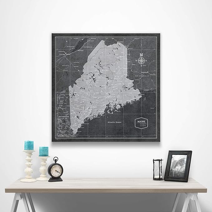 Push Pin Maine Map Board - With Push Pins to Mark Maine Travel - Handmade in Ohio, USA - Design: Modern Slate