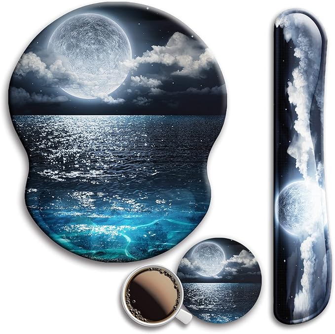 Mouse Pad and Keyboard Wrist Rest Support, with Non-Slip PU Base,Gel Mouse Pad with Coaster,Pain Relief for Gaming, Computer,Office -Moon Ocean