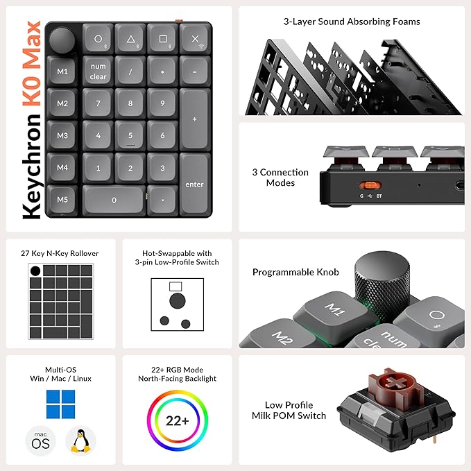 Keychron K0 Max Wireless Low-Profile Number Pad, QMK/VIA Programmable, Hot-Swappable Brown Switch, RGB Backlit, 2.4GHz & Bluetooth 5.3, 1000Hz Polling Rate, with Knob, for Windows/Mac