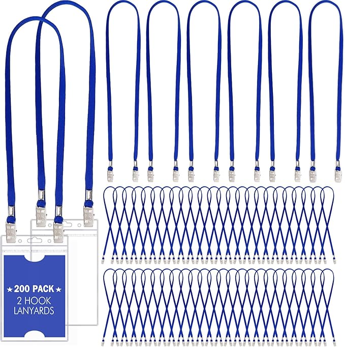 Patelai 200 Pack Double Clip Lanyards Bulk Face Mask Lanyard Twist Free 2 Hook Design Adjustable Badge Neck Strap for ID Name Badge Holder School Conference Office Class Essential (Blue)