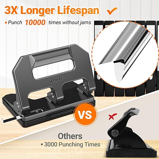 AFMAT Heavy Duty 3 Hole Punch, 3 Hole Puncher for Binder, 40-Sheet Three Hole Punch w/ 10000+ Uses, Metal Hole Puncher 3 Ring, 50% Reduced Effort, 9/32inch Hole, Bulit-in S.S. Paper Guide HPX1 (Gray)