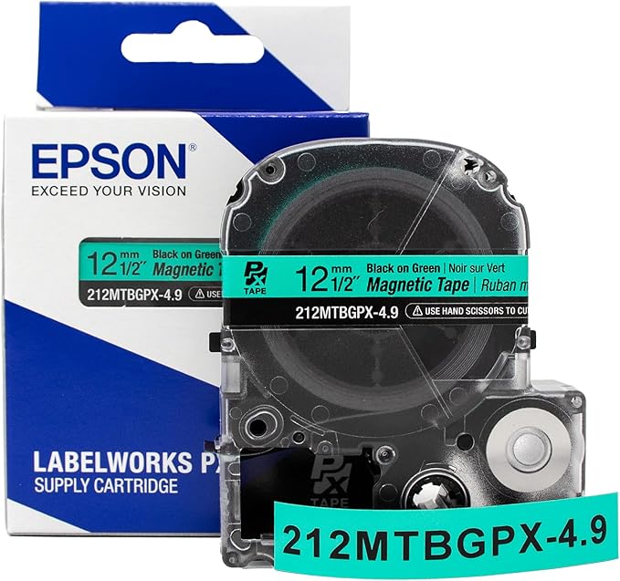 Epson LABELWORKS 212MTBGPX-4.9 Genuine Magnetic Tape Cartridge - Black on Green Magnet Label Maker Tape - 1/2" (12MM) Wide, 4.9 ft, Green
