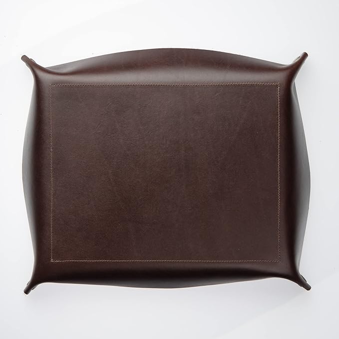 USA Handmade Premium Leather Valet Tray, Folds Flat! Dice Rolling Basket and Organizer With Brass Rivets (Dark Walnut Brown, XL)