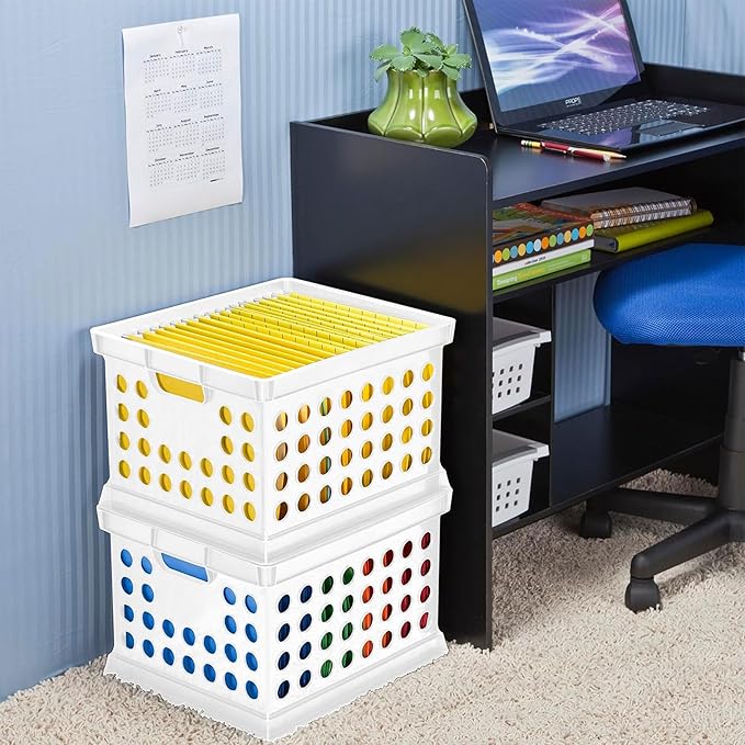 Sterilite Stackable Plastic Storage Crate Bin Organizer File Box with Handles for Home, Office, Dorm, Garage, or Utility Organization, White, 6-Pack