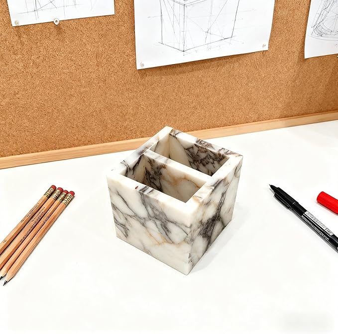 Natural Marble 2-Tier Organizer Box - Multi-Purpose Desktop & Kitchen Storage for Pens, Utensils, Makeup Brushes