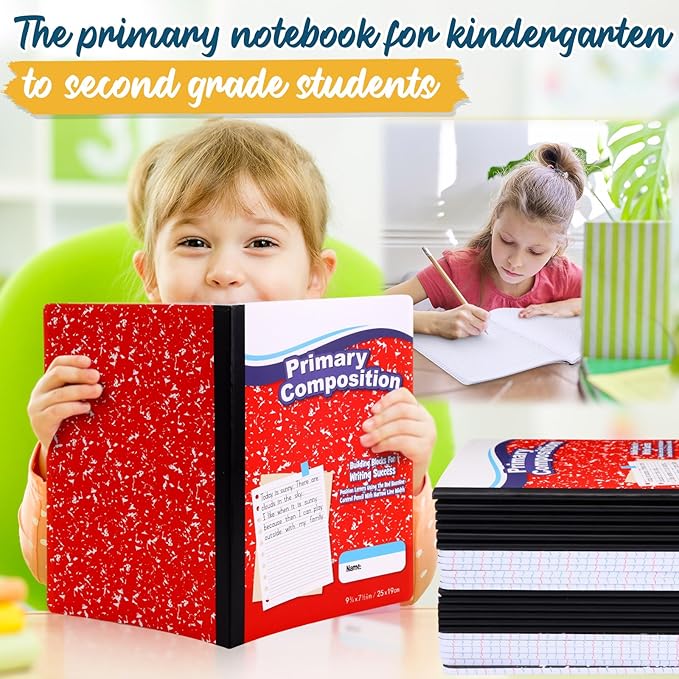Watersay 30 Pack Primary Ruled Composition Notebook, Grade K-2 Journal 50 Sheets, 7-1/2" x 9-3/4" Primary Composition Book Writing Notebook for Kids Kindergarten Preschool 1st 2nd Grad (Red)