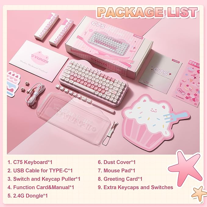YUNZII C75 Wireless Mechanical Keyboard,75% Layout, Hot-Swappable NKRO,BT5.0/2.4G/USB-C Mode,Dye-Sub PBT MOA Keycaps,RGB Gasket Mount,Cute Cake Design for Mac/Win/Gaming (Pink, Milk V2 Switch)