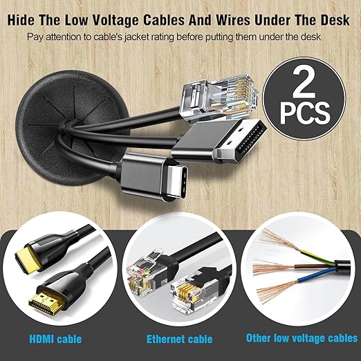2" Black Desk Grommet, JTemgle Flexible Cable Grommet Rubber Cable Hole Cover Wire Organizer Caps Desktop Cord Management for Home Office TV Stands Tabletops, 2 Pieces