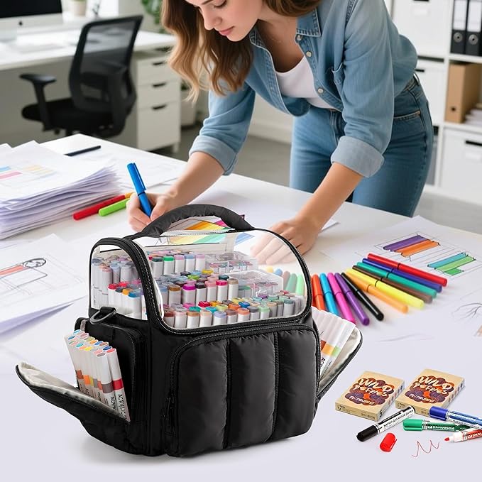 Puffy Marker Organizer Case for 210 Markers, Large Marker Storage Bag with Shoulder Strap for Adults, Artists, Teachers, Coloring Enthusiasts, Marker Holder Organizer, Black (Patented Design)