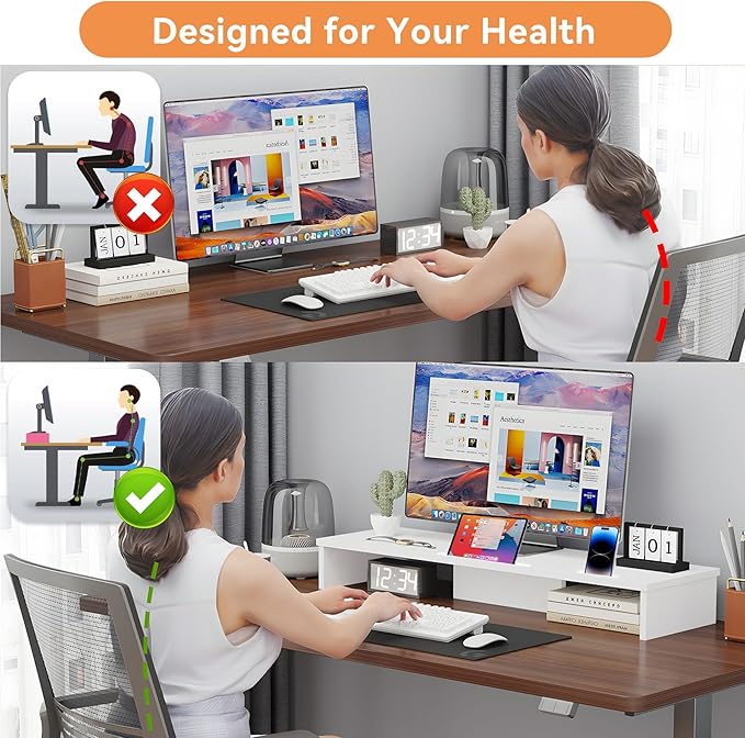 Dual Monitor Stand Riser with Phone Tablet Holder, 35.8in Large Monitor Stand for Desk, Computer Monitor Stand for 2 Monitors, Desk Shelf for Top of Desk, Desktop Organizer for Laptop, Printer, TV