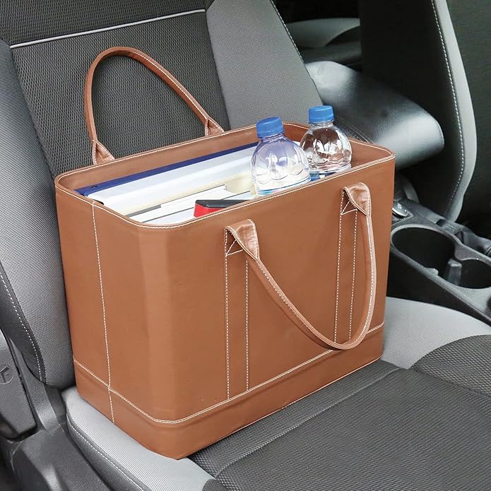 HOME DISTRICT Chic File Organizer Tote - Important Document Organizer Bag, Portable File Box with Handle, Brown