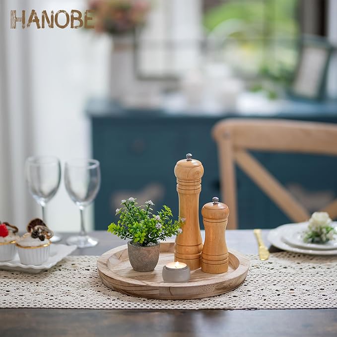 Hanobe Rustic Wooden Serving Tray: Round Wood Decorative Tray Set of 2 Rustic Centerpiece Candle Holder Trays Farmhouse Ottoman Tray for Decor Kitchen Counter Home Decor for Coffee Table