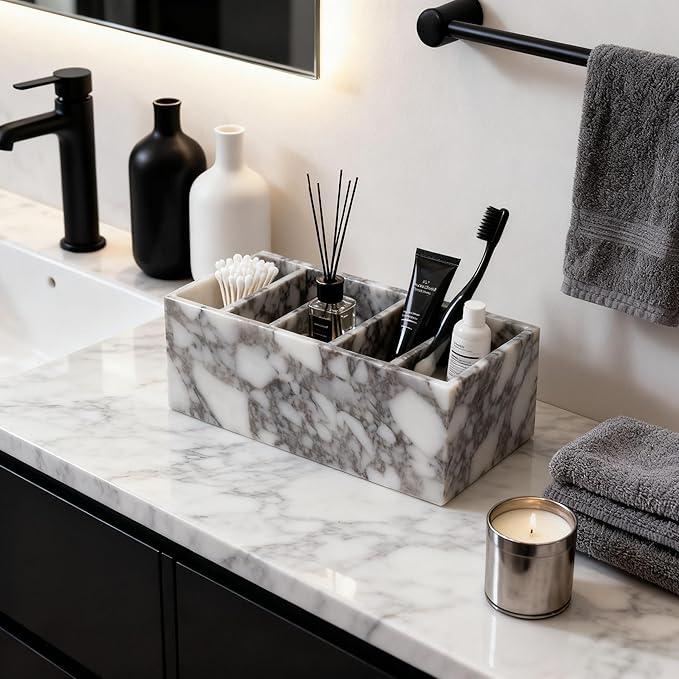 5-Tier Marble Desktop Organizer for Office & Beauty Tools - Stackable Makeup Brush Storage, Coffee Accessories Holder with Natural Stone Pattern, Multi-Layer Countertop Tray