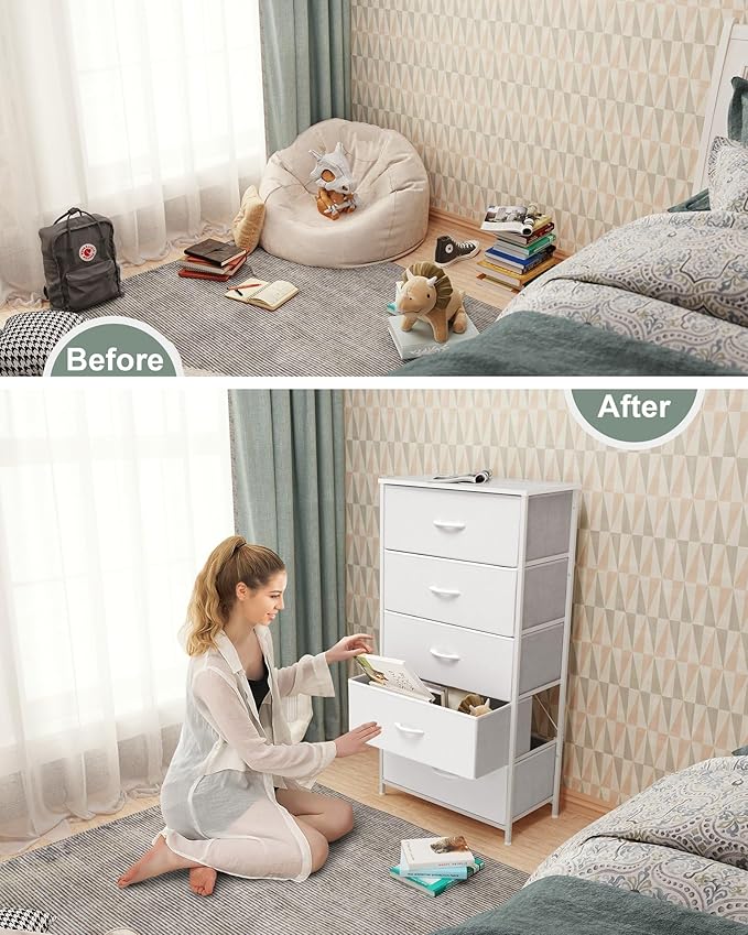Crestlive Products Tall Dresser for Bedroom Vertical Storage Tower - Wide Fabric Dresser & Chests of Drawers for Closet, Hallway, Entryway w/Wood Top, Easy Pull Fabric Bins - 5 Drawers(White)