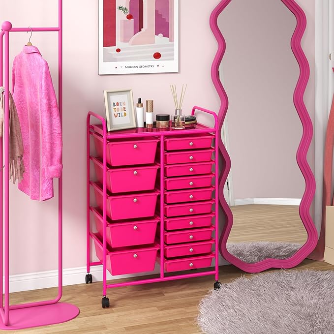 ARLIME 15-Drawer Storage Cart, 15 Drawer Trolley, Rolling Organizer Cart, Scrapbook Paper Organizer, Suitable for Office and School, Rolling Office Storage Tools (Hot Pink)