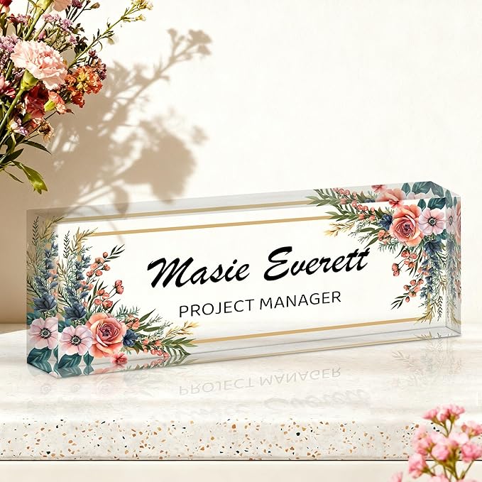 Ship Next Day-Custom Name Plate for Desk, Desk Name Plate Personalized, Acrylic Office Desk Accessories, Appreciation Gifts for Coworkers Employee Teachers Boss Women Men (Vintage Rose)