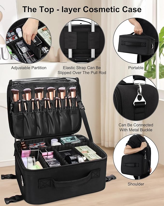 Relavel Rolling Makeup Case Professional Makeup Train Case,Makeup Artist Travel Bag with Wheels,8-in-1 Portable Travel Beauty Trolley Case for Cosmetology Storage(Black)